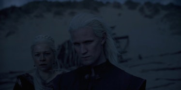 Rhaenyra Targaryen (Emma D'Arcy) standing alongside Daemon Targaryen (Matt Smith) in the House of th...