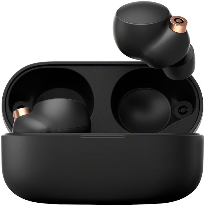 Sony WF-1000XM4 wireless earbuds in a charging case.