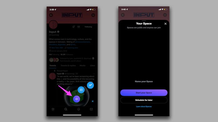 Two Twitter screenshots showing the options to launch a Twitter Space.