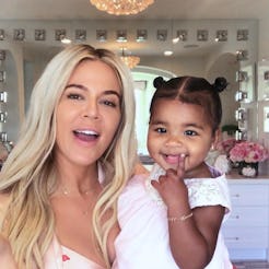 Khloe Kardashian and daughter True Thompson in a 2019 'Vogue' mom beauty routine video