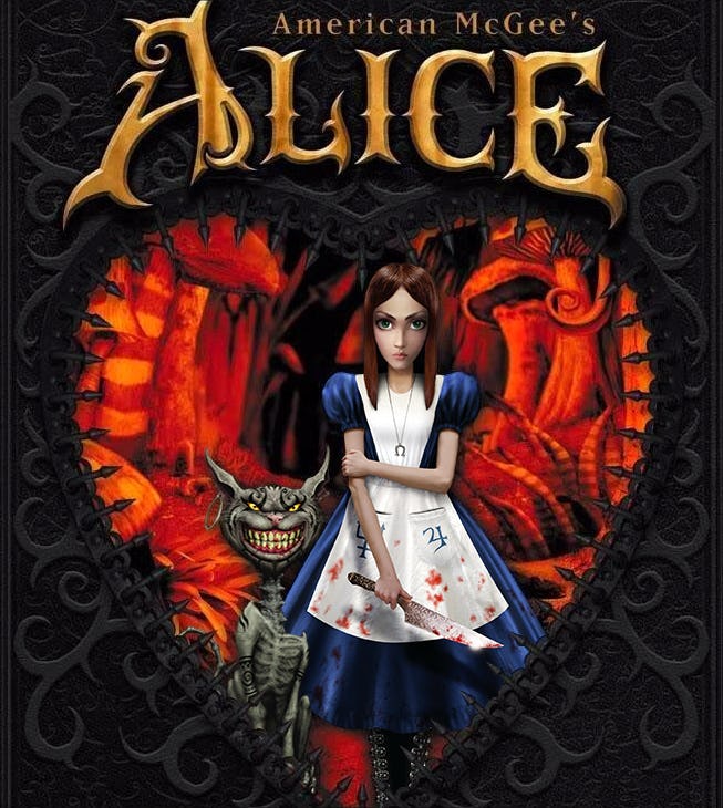 The cover of American McGee's Alice, depicting a girl in a blue dress with a white, bloodied apron h...