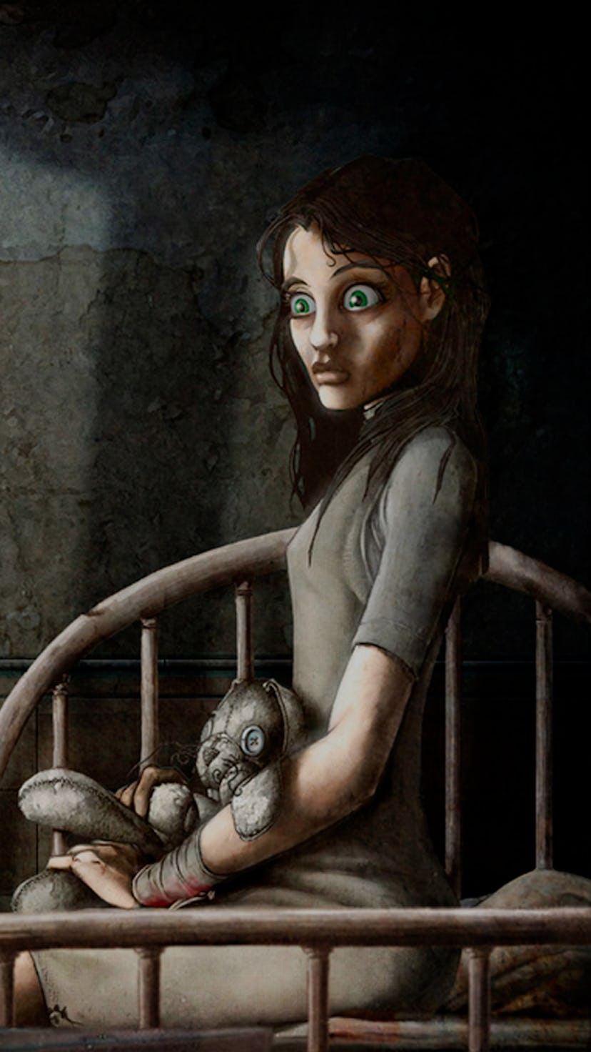 A girl sits on a hospital bed clutching a stuffed rabbit doll, her wrists bandaged and bloody