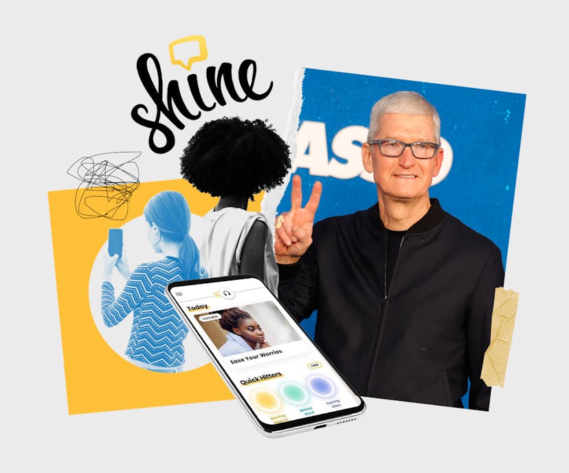Apple ceo Tim Cook next to a phone with a mental health app and two frustrated women with their back...