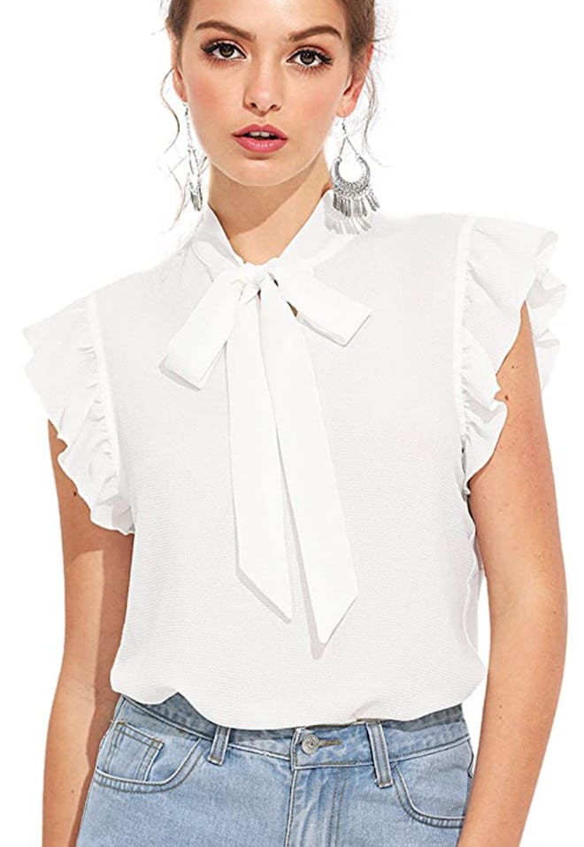 Casual Short Sleeve Ruffle Trim Bow Tie Blouse