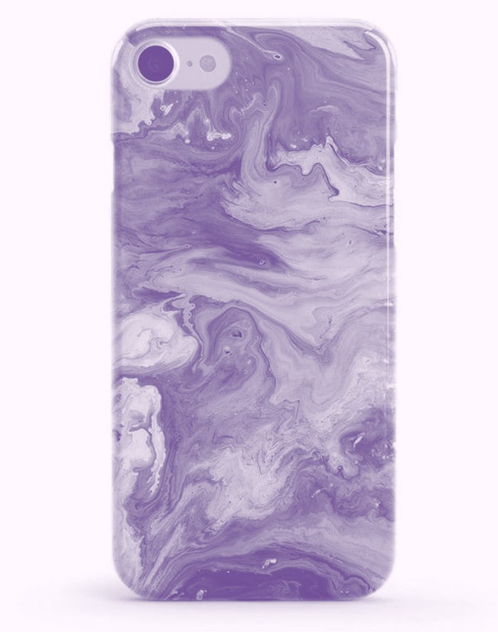 An iPhone with a purple case.