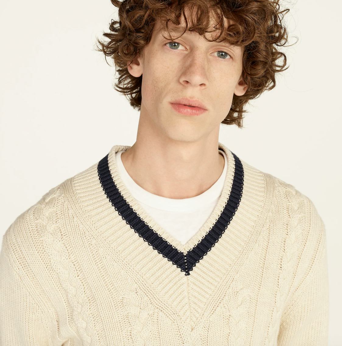 Cotton Cable-Knit V-Neck Sweater