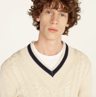 Cotton Cable-Knit V-Neck Sweater