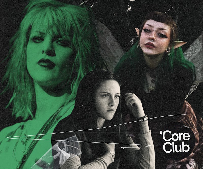 Grunge fairycore inspired by Courtney Love, 'Twilight,' and fairies.