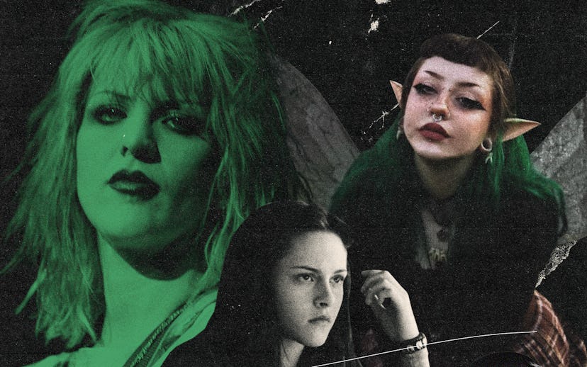 Grunge fairycore inspired by Courtney Love, 'Twilight,' and fairies.