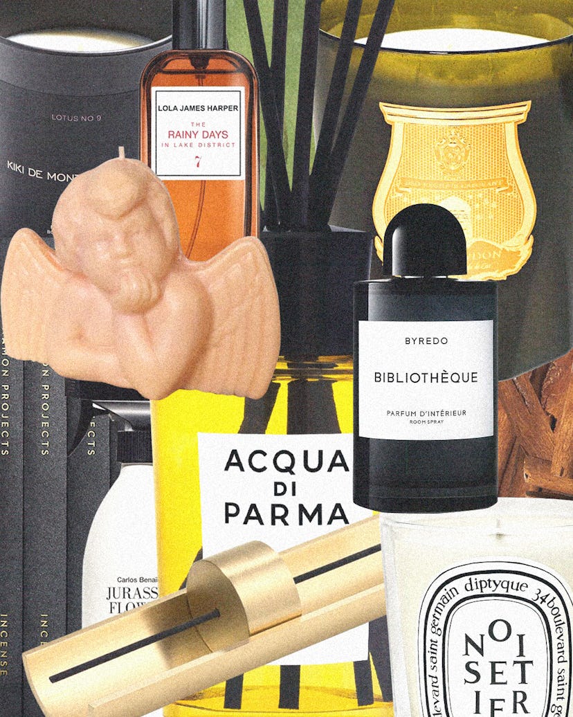 a collage of luxurious candles, room sprays and incense sticks