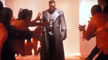 Wesley Snipes in a scene from the movie Blade in a black leather coat and black sunglasses