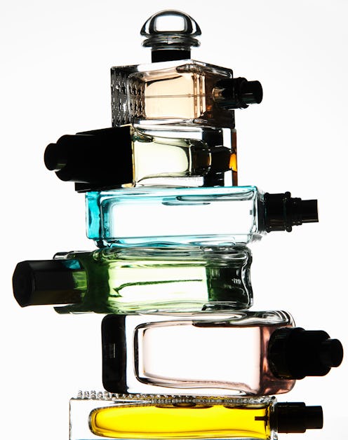 fragrance bottles stacked up