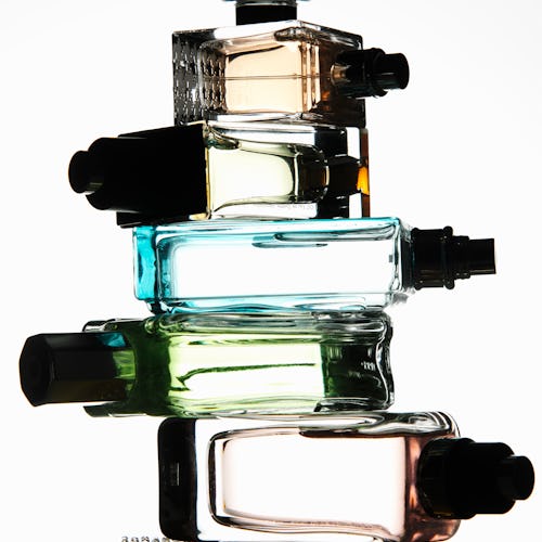 fragrance bottles stacked up