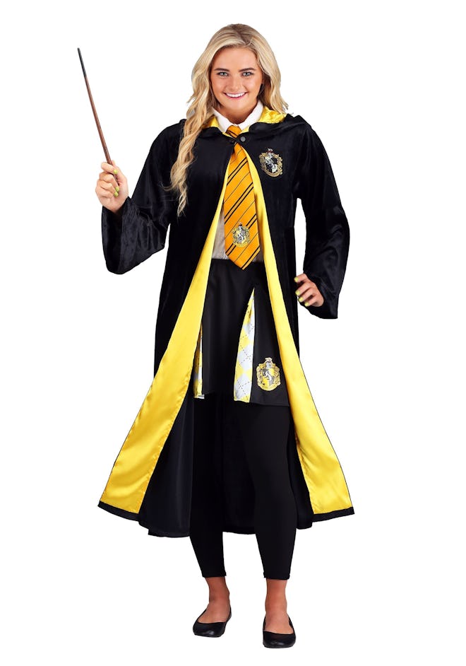 Woman posing in Harry Potter Hufflepuff robe