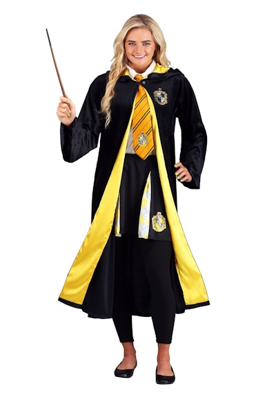 Woman posing in Harry Potter Hufflepuff robe