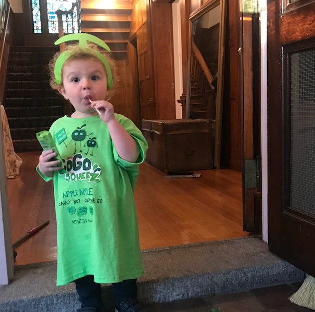 An applesauce snack is one costume moms came up with day-of.