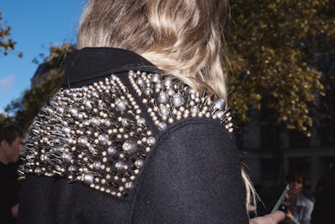 Close up of a spikey jacket at Paris Fashion Week.
