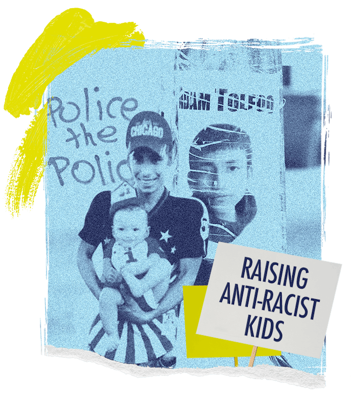 Raising anti-racist kids, a picture of a man holding his baby in front of graffiti that says police ...