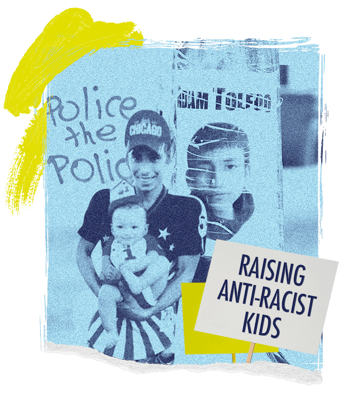 Raising anti-racist kids, a picture of a man holding his baby in front of graffiti that says police ...