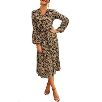 KIRUNDO Leopard Long Sleeve Drawstring Belt A-Line Dress