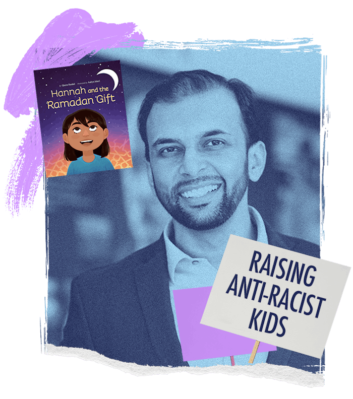 A collage of Qasim Rashid, his book "Hannah Hannah and The Ramadan Gift" and "raising anti-racist ki...