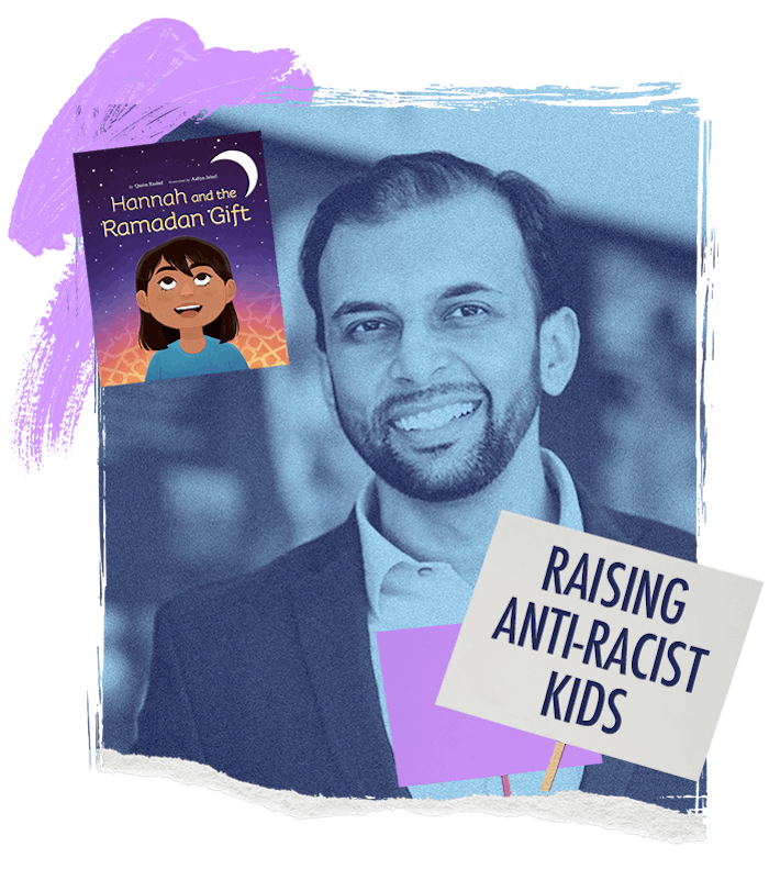 A collage of Qasim Rashid, his book "Hannah Hannah and The Ramadan Gift" and "raising anti-racist ki...