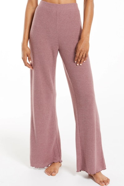 dusty pink ribbed lounge pant, wide leg