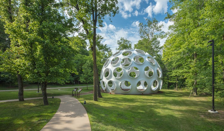 R. Buckminster Fuller’s Fly’s Eye Dome in a grassy meadow
