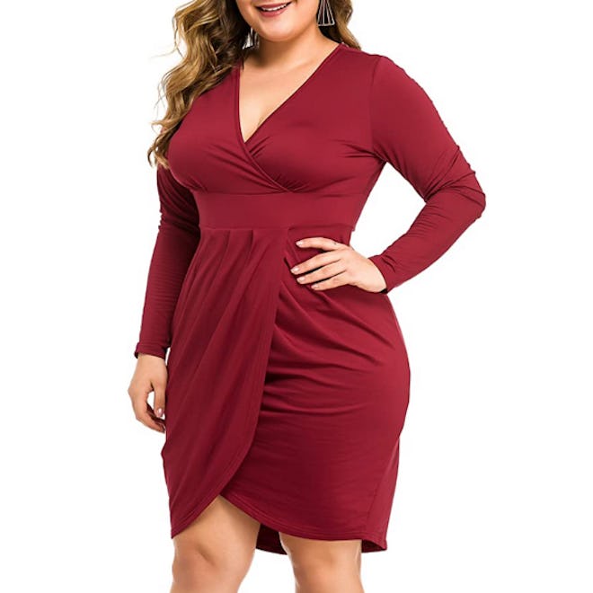 LAOLASI Plus Size Long Sleeve Faux Wrap Dress