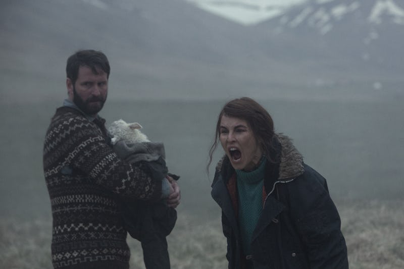 (L-R) Hilmir Snær Guðnason as Ingvar and Noomi Repace as Maria in A24's 'Lamb' (2021). Photo courtes...