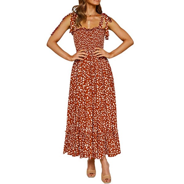 R.Vivimos Smocked Tie Shoulder Midi Dress