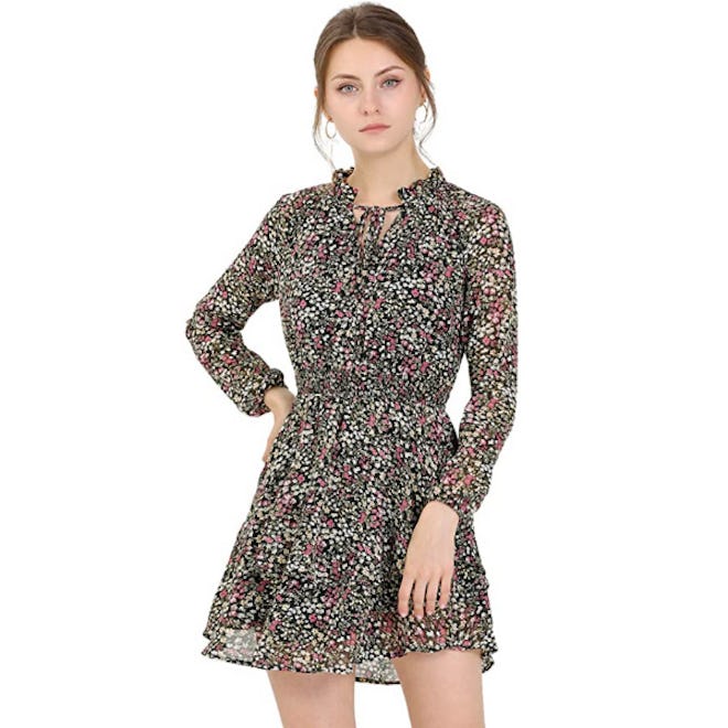 Allegra K Floral Smocked Waist High Neck Chiffon Mini Dress 