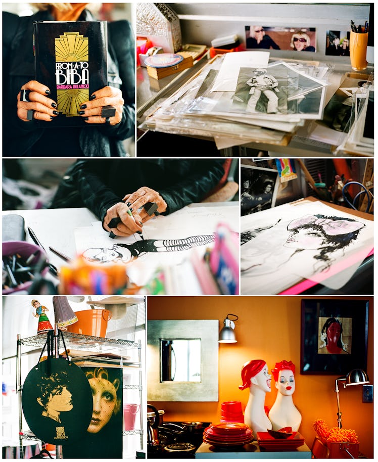 Barbara Hulanicki, in her Miami studio with photos, sketches, trinkets, and a copy of her book From ...