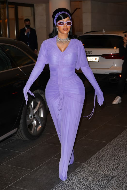 Cardi B is seen leaving her hotel on October 03, 2021 in Paris, France. 