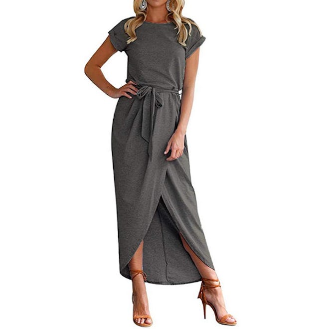 Qearal Belted Wrap T-Shirt Midi Dress 