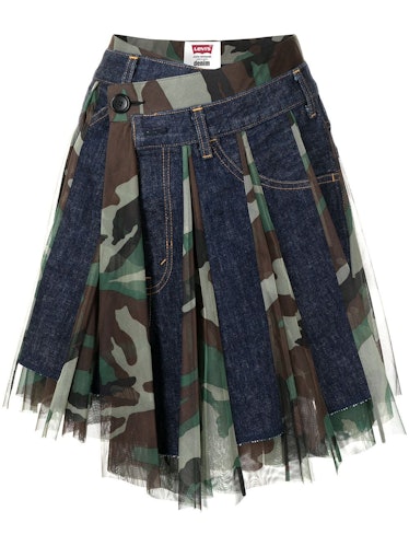Asymmetric camo midi skirt from Junya Watanabe, available to shop via Farfetch.