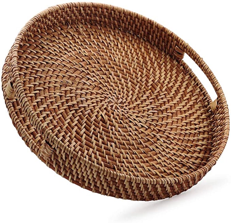 DECRAFTS Round Rattan Woven Serving Tray 