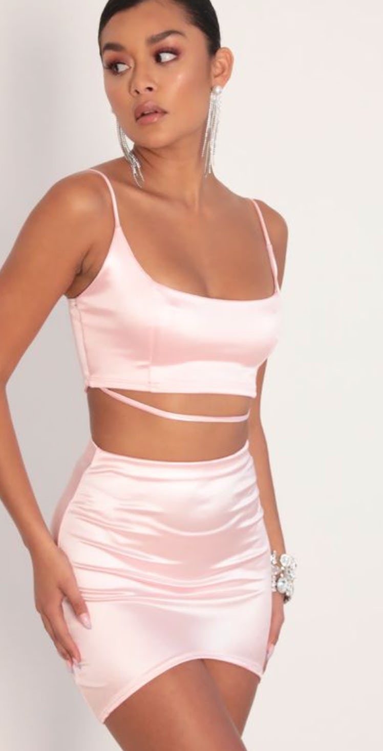 Satin pink two-piece dress