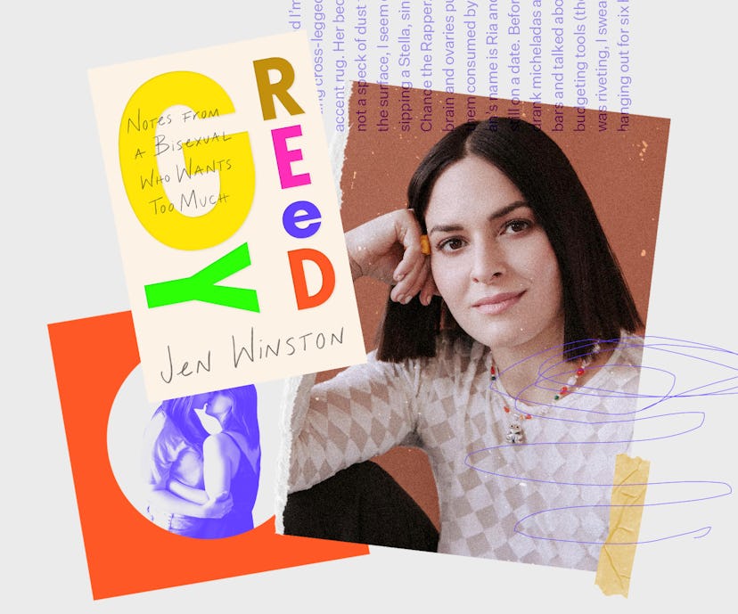 A collage with the cover of 'Greedy' and the author Jen Winston posing for a photo