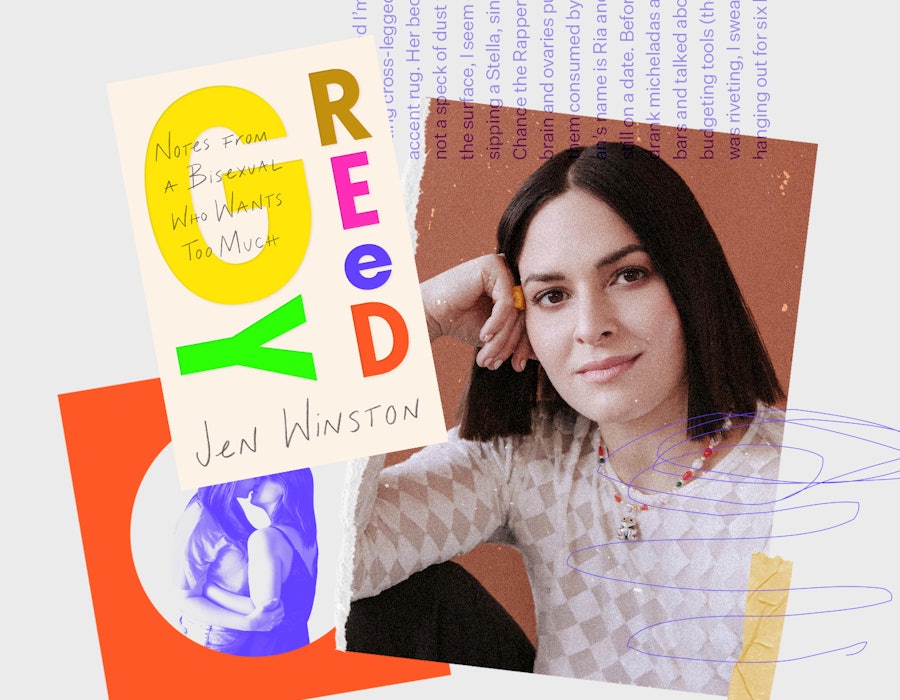 A collage with the cover of 'Greedy' and the author Jen Winston posing for a photo