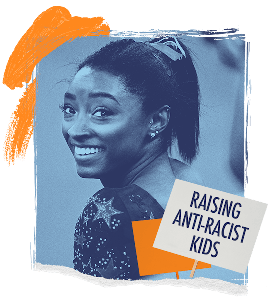 A blue-toned photo of Simone Biles with a text below that says "raising anti-racist kids"