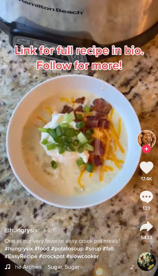 A bowl of TikTok's viral crockpot potato soup sits on the counter after a TikToker shows how to make...