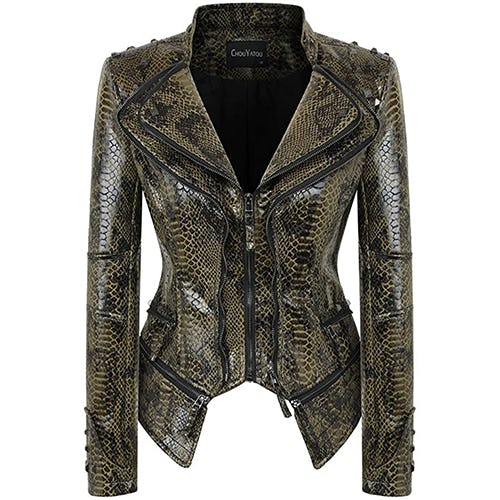 chouyatou Snake Print Studded Moto Jacket