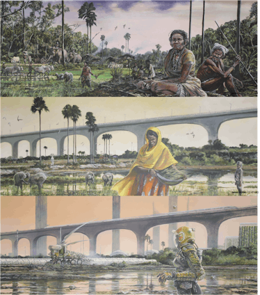 The top image is a busy agrarian village scene of rice planting, livestock use, and social life. The...