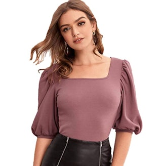 Romwe Puff Sleeve Square Neck Tee