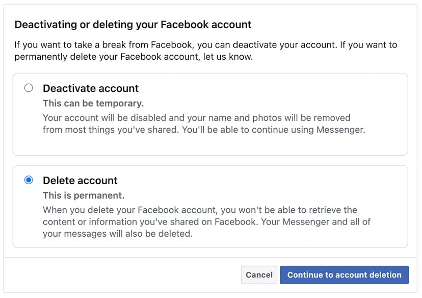 A screenshot of instructions how to delete your facebook account.