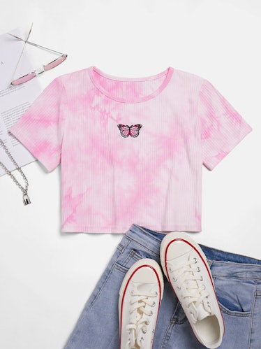 Ribbed Tie Dye Butterfly Embroidery Short Sleeve Crop Tee