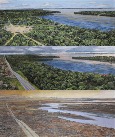 The top image shows a traditional pre-contact Indigenous village (1500 CE) with access to the river ...