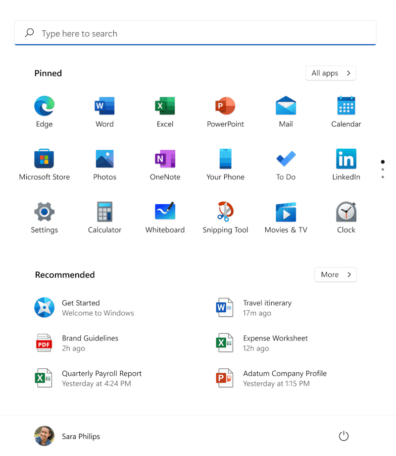Windows 11 start menu showing a collection of apps and documents.