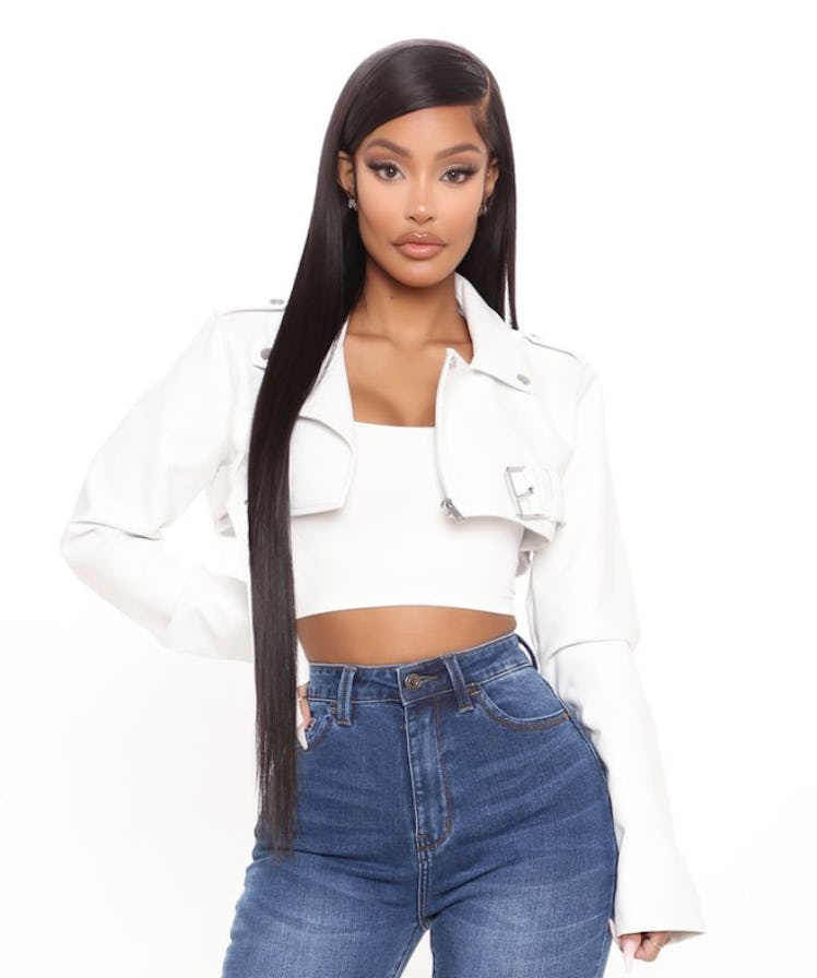 White cropped faux leather jacket